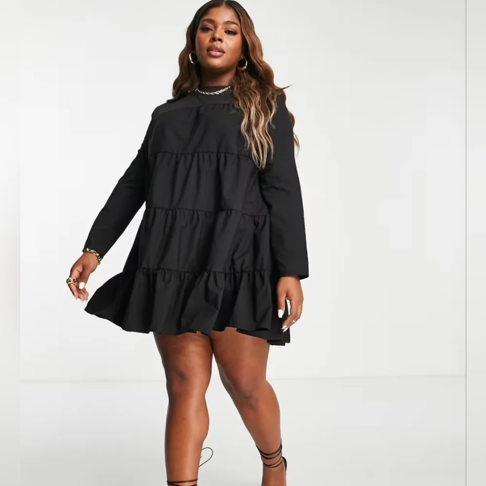 Asos Design Black Cotton‎ Tiered Babydoll Dress
